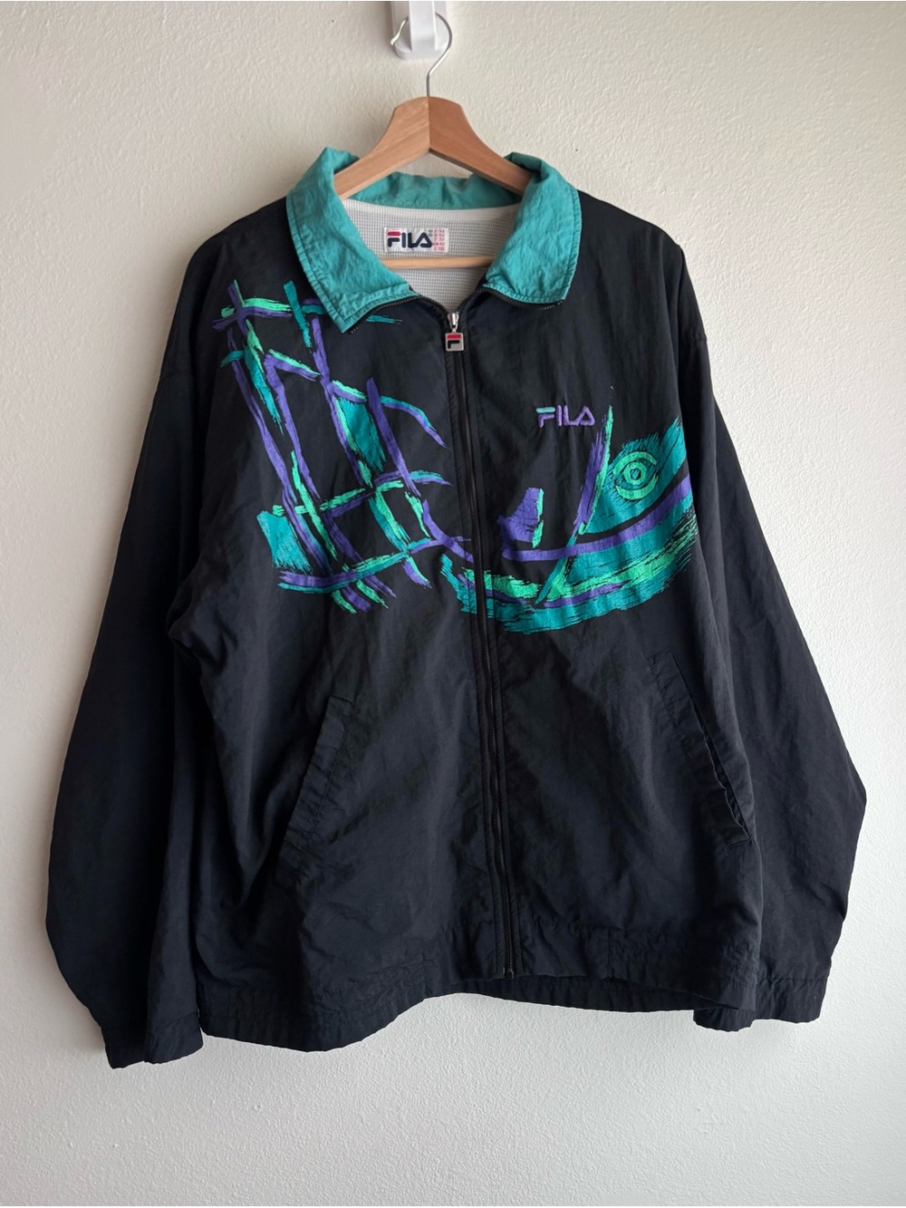Vintage 90s Fila Windbreaker Jacket Abstract Print Embroidered Logo Sz 42/XL